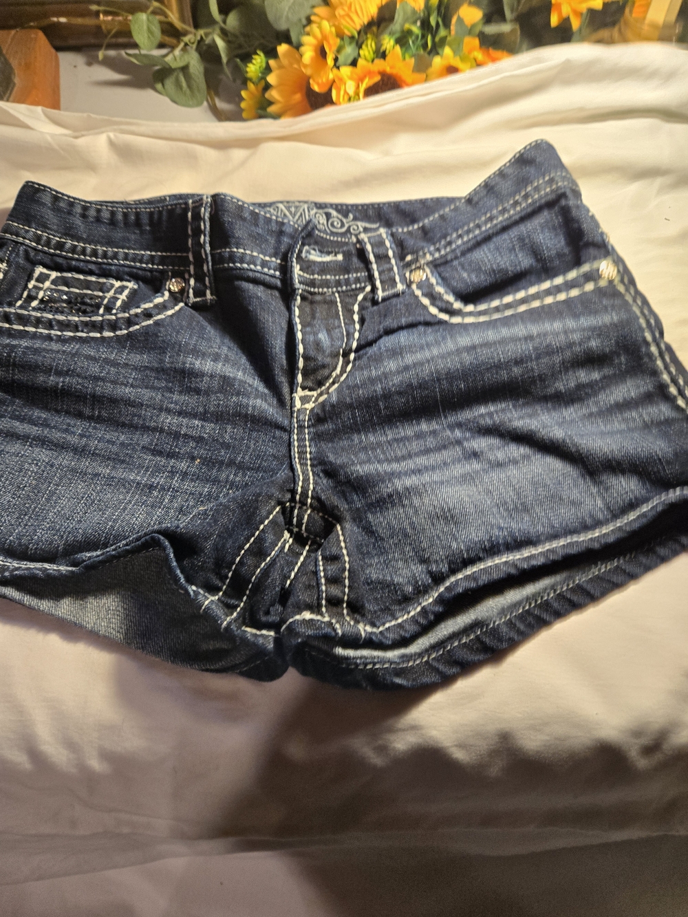 Denim Women's Shorts - Dark Blue with White Stitching